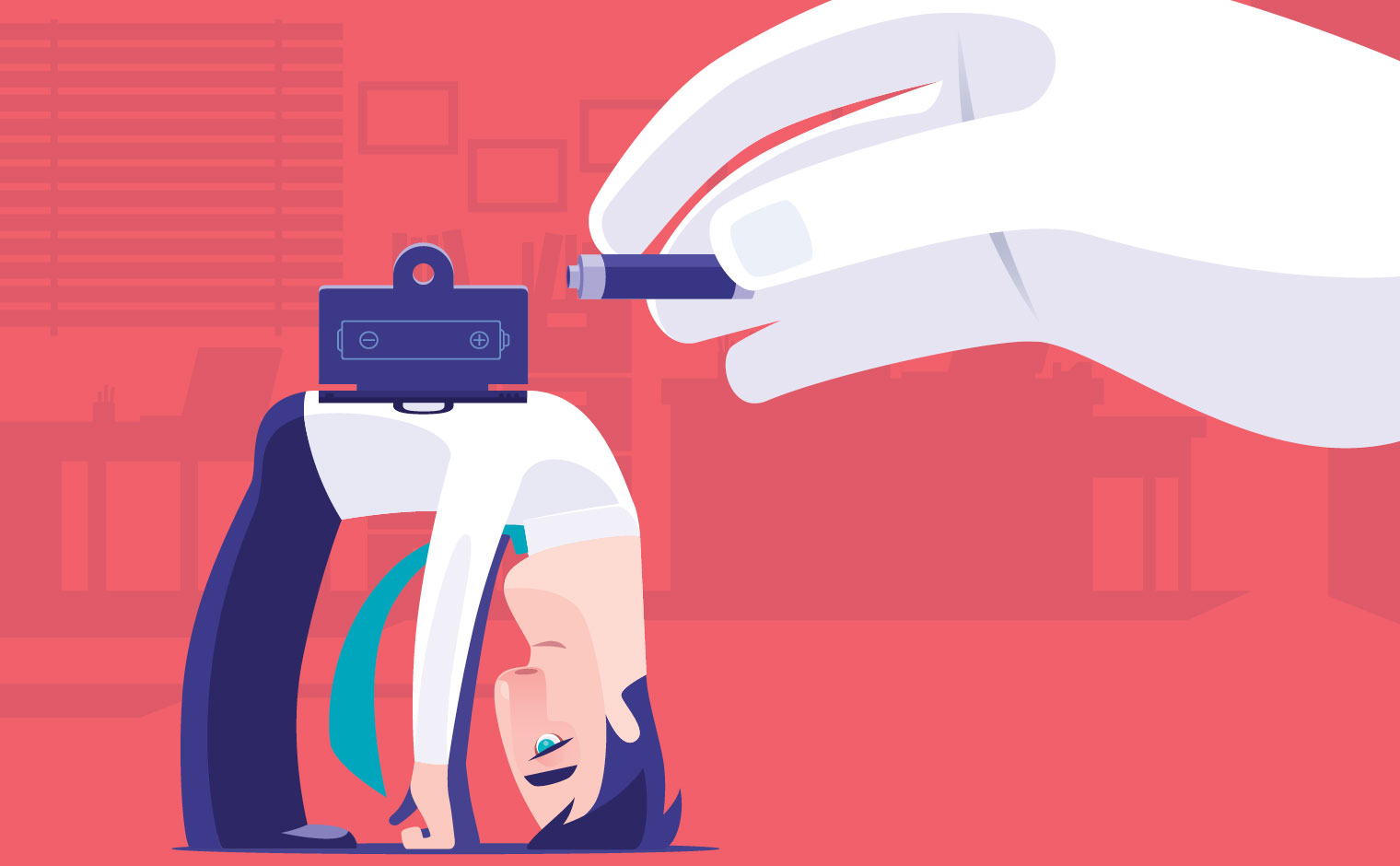 a caricature of a man receiving energy via a battery